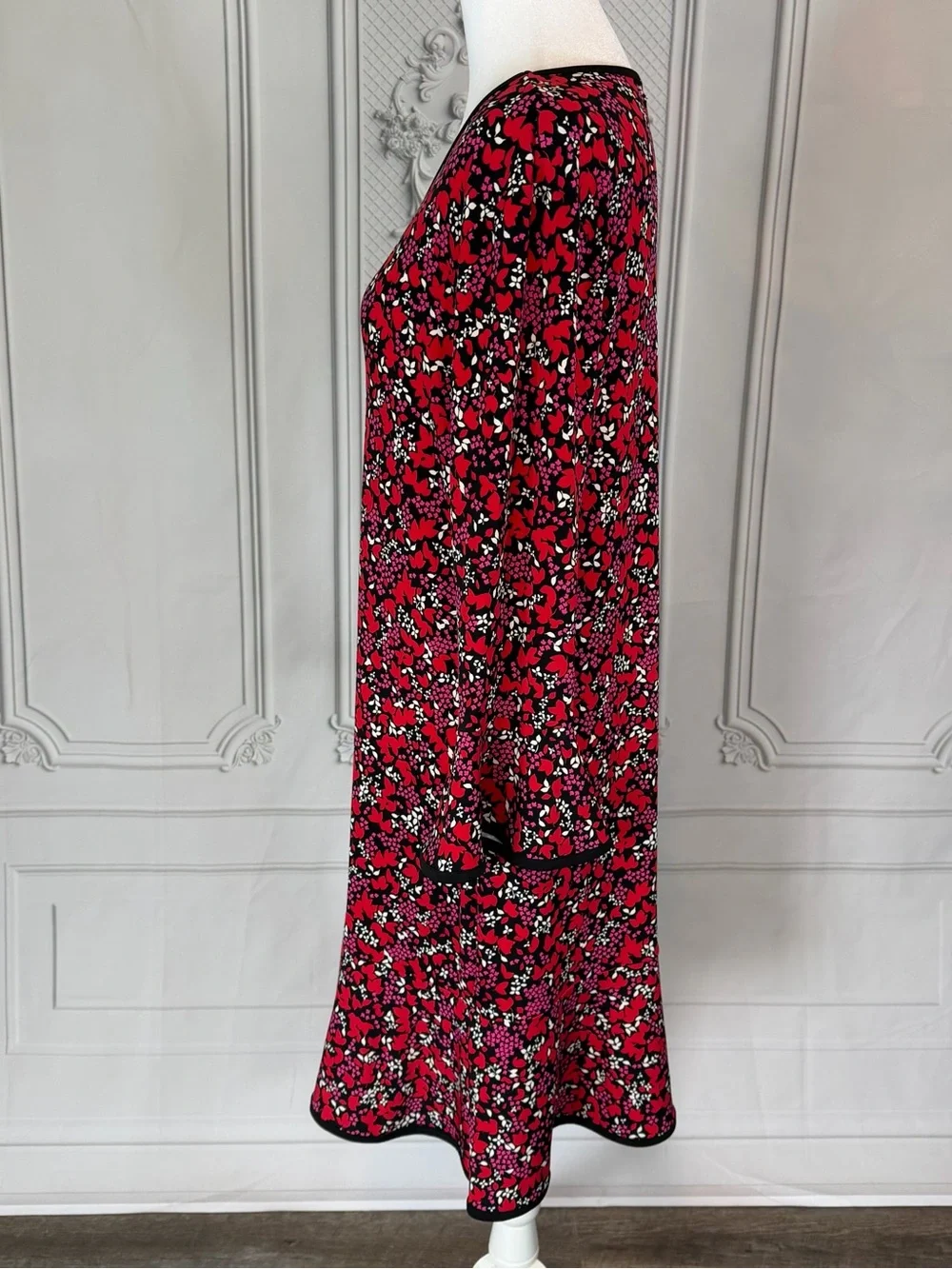 MICHAEL Michael Kors Red Floral Long Sleeve Shift Dress Sz L Black Trim Office
